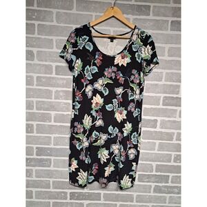 J Jill Wearever XS‎ Tee Shirt Dress Shift Knee Length Black Floral Short Sleeve